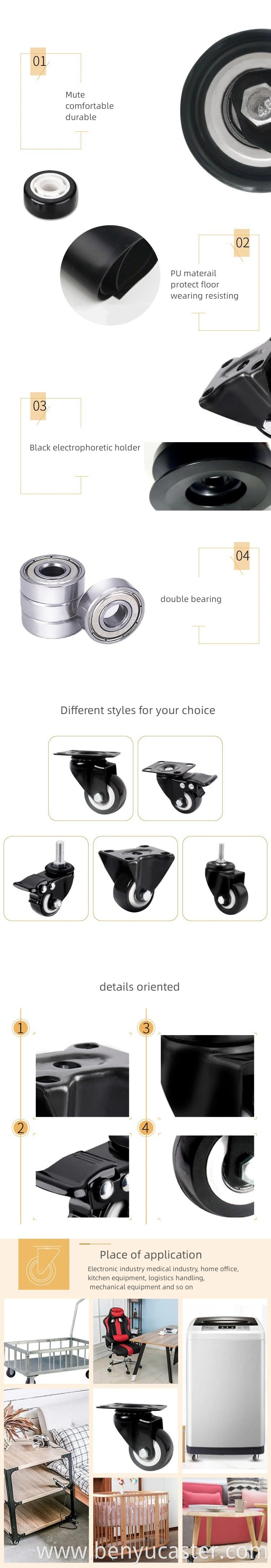 Durable Gold Drill Polyurethane Rotatable Flat Casters Color Customization Tool Cabinet Medical Wheels